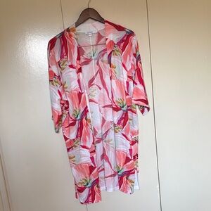Chico's Tropical Floral Midi Kimono-style Cardigan Red & Pink Size 2 (Large/14)